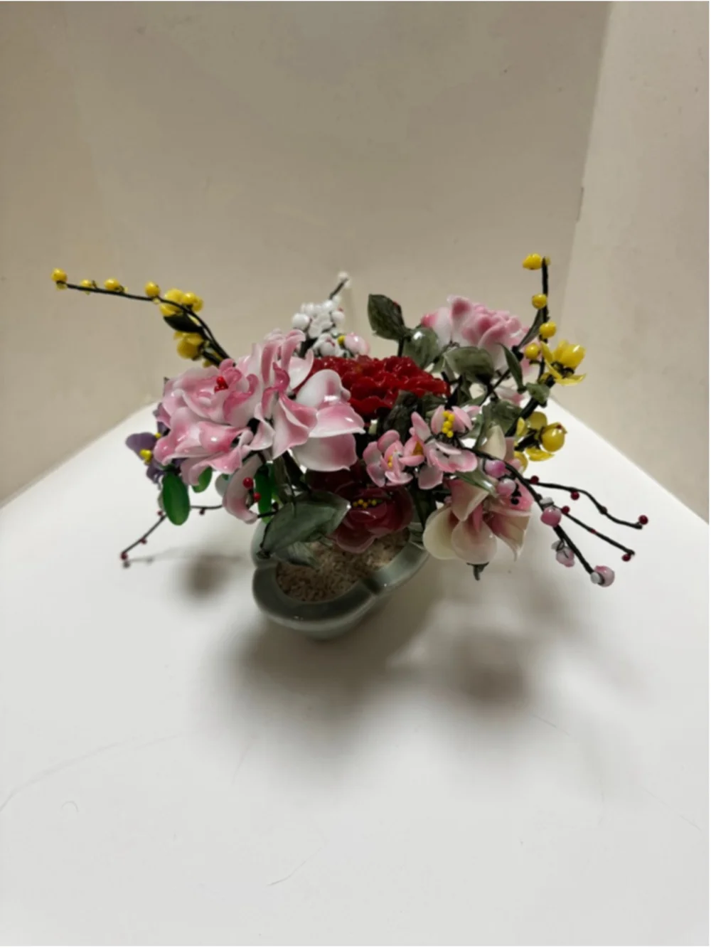 Vintage Yaun Feng Oriental Jade Glass Flowering Blossom Bonsai Tree